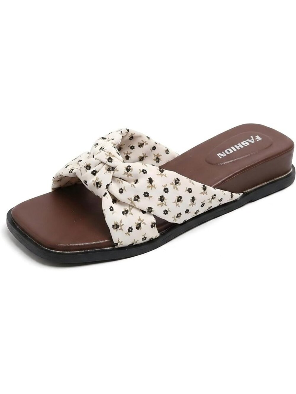 Women's White Polka Dot Fabric Strap Wedge Slide Sandals with Square Open Toe
